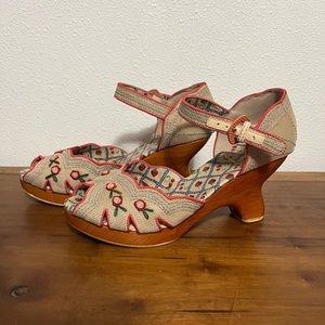 Miss L-Fire Embroidered Rosette Wood Heels